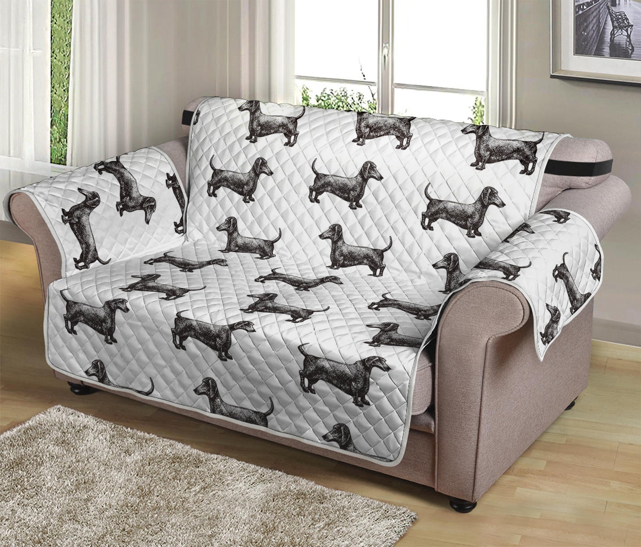 Black And White Dachshund Pattern Print Loveseat Protector