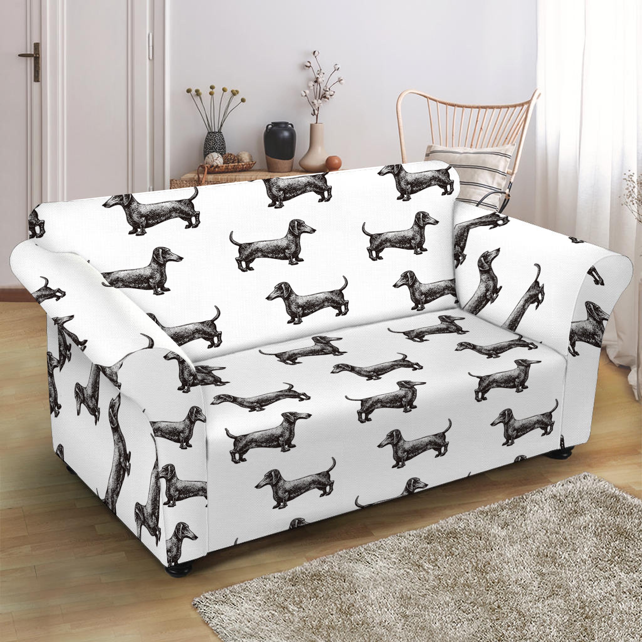 Black And White Dachshund Pattern Print Loveseat Slipcover