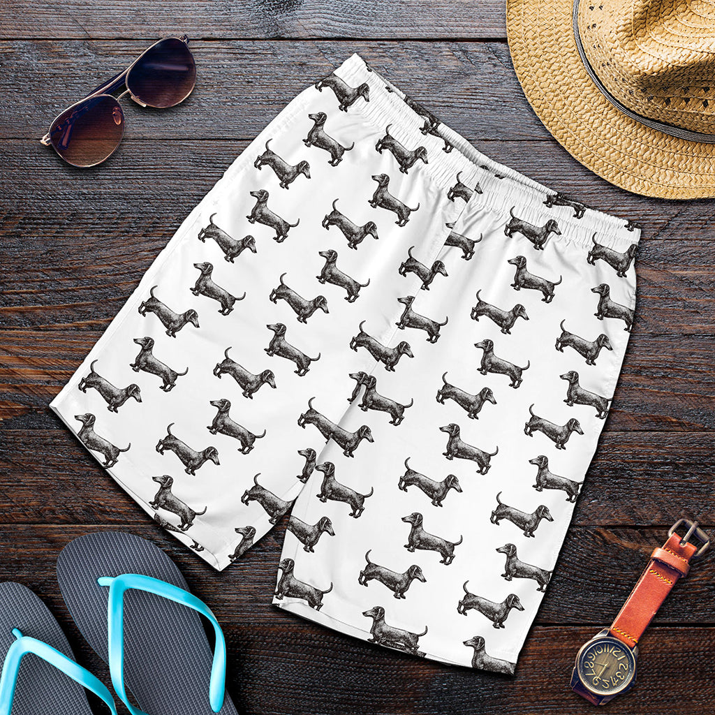 Black And White Dachshund Pattern Print Men's Shorts