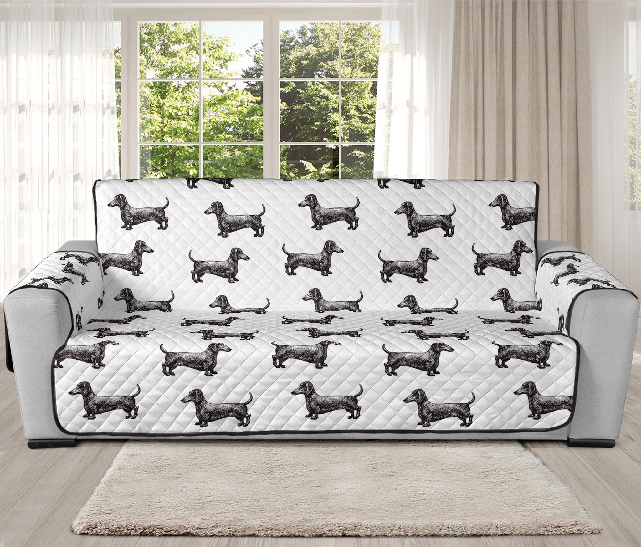 Black And White Dachshund Pattern Print Oversized Sofa Protector