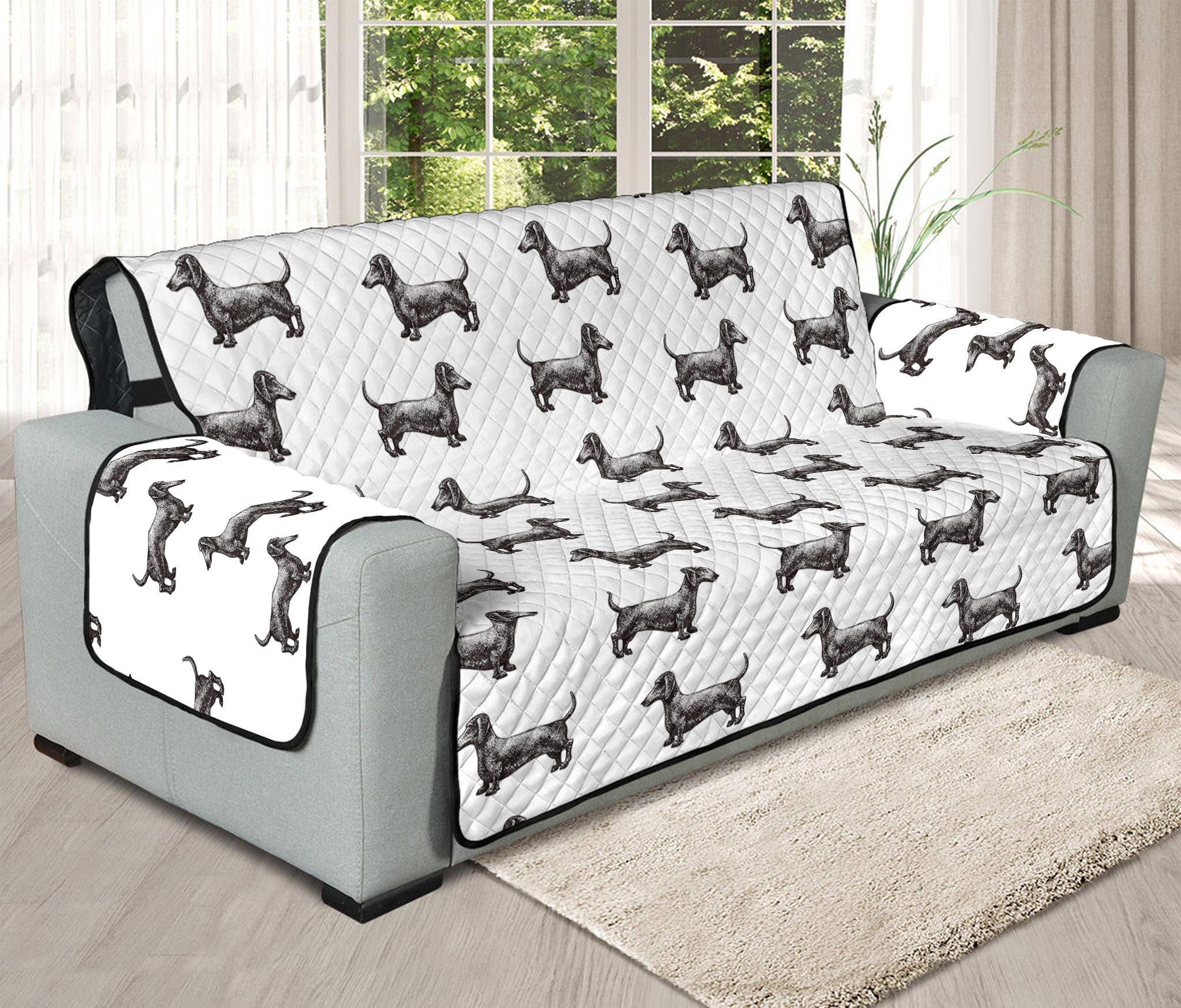 Black And White Dachshund Pattern Print Oversized Sofa Protector