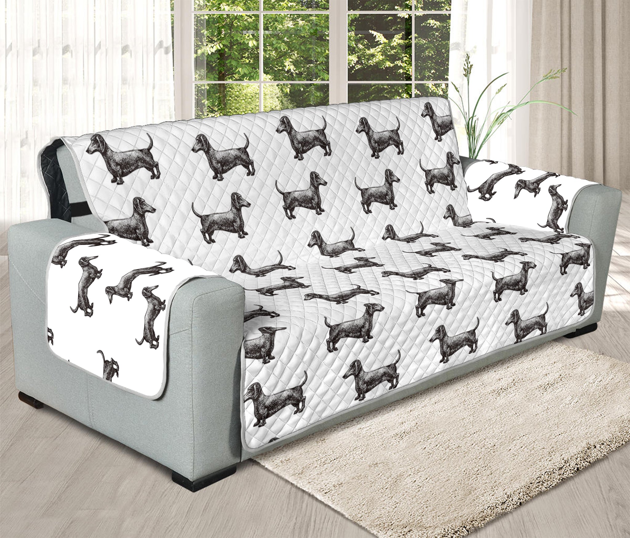 Black And White Dachshund Pattern Print Oversized Sofa Protector