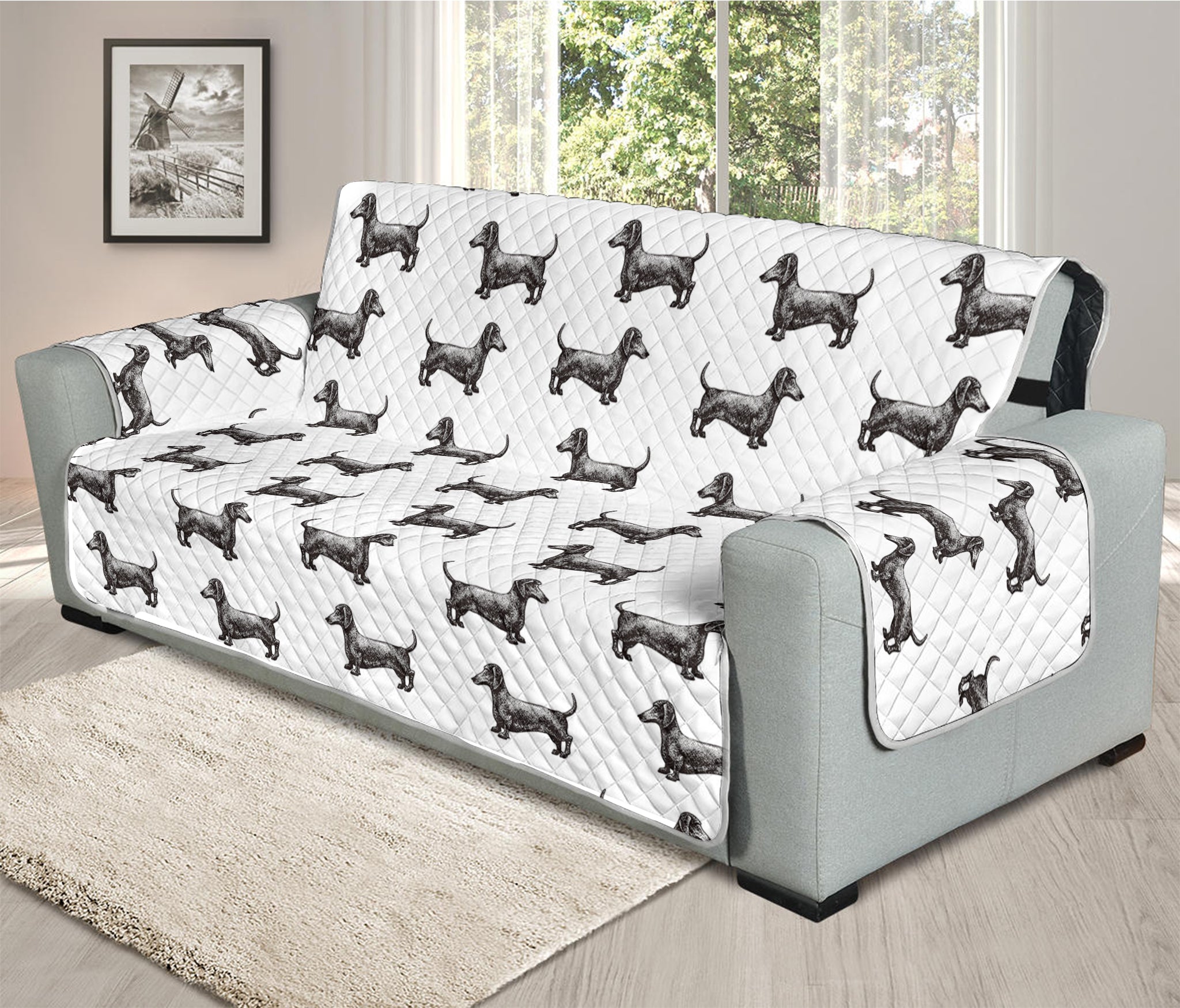 Black And White Dachshund Pattern Print Oversized Sofa Protector