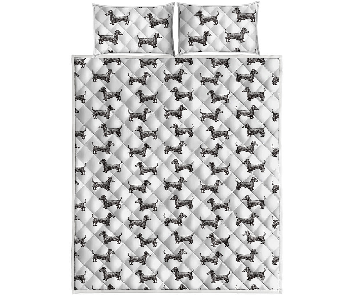 Black And White Dachshund Pattern Print Quilt Bed Set