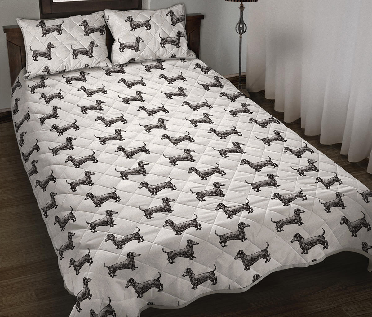 Black And White Dachshund Pattern Print Quilt Bed Set