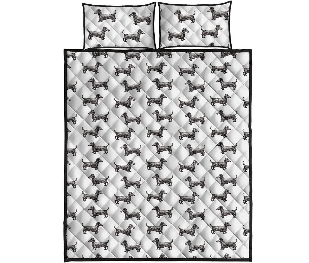 Black And White Dachshund Pattern Print Quilt Bed Set