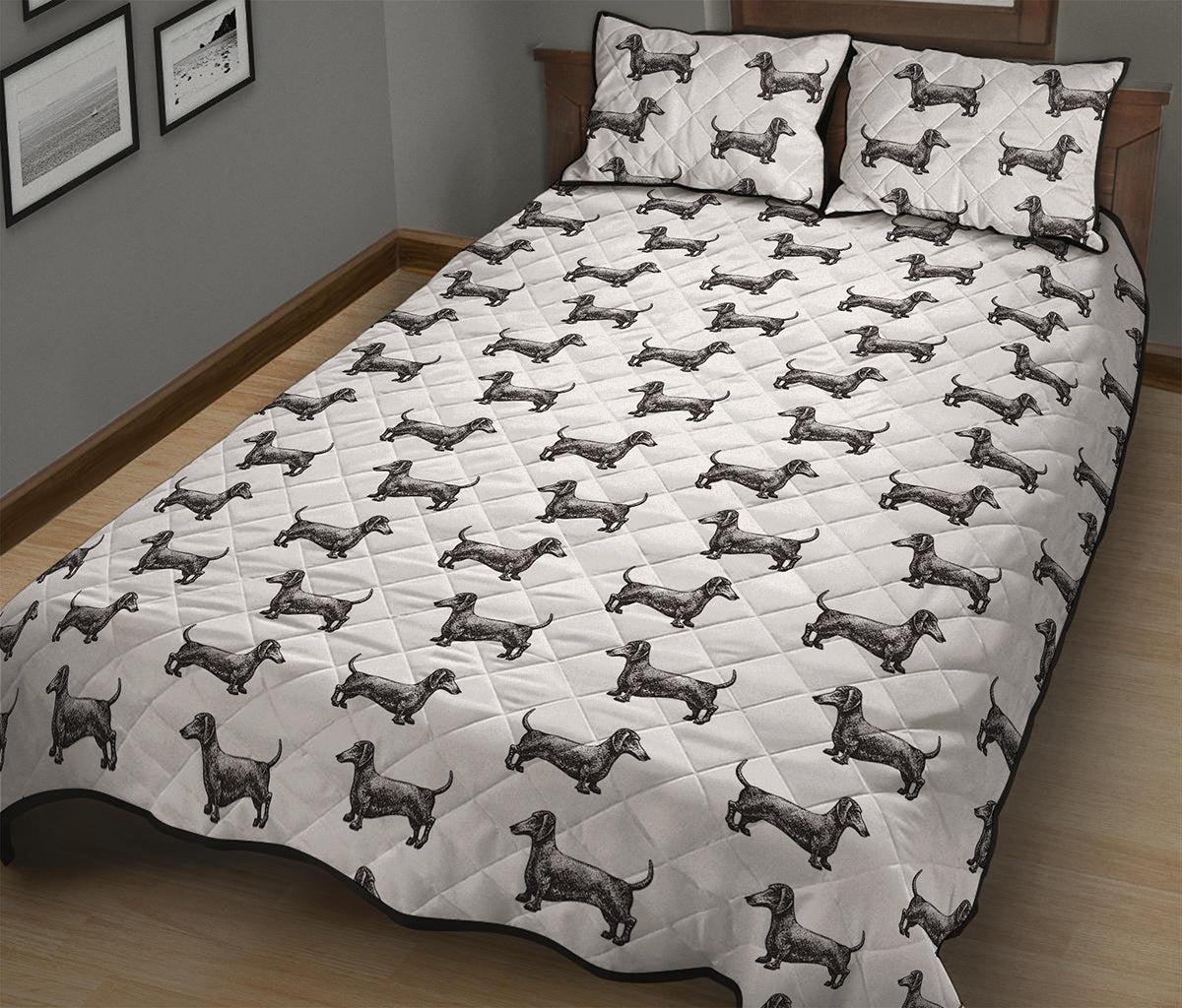 Black And White Dachshund Pattern Print Quilt Bed Set