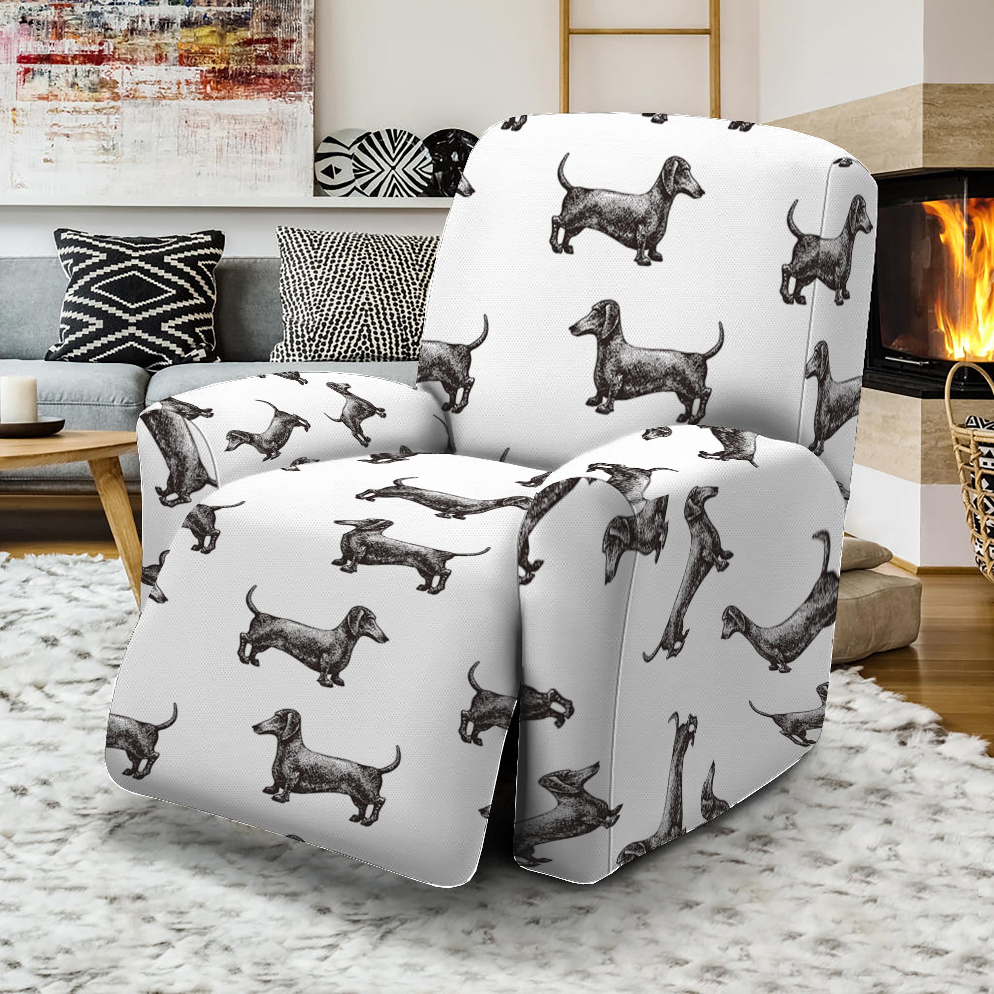 Black And White Dachshund Pattern Print Recliner Slipcover