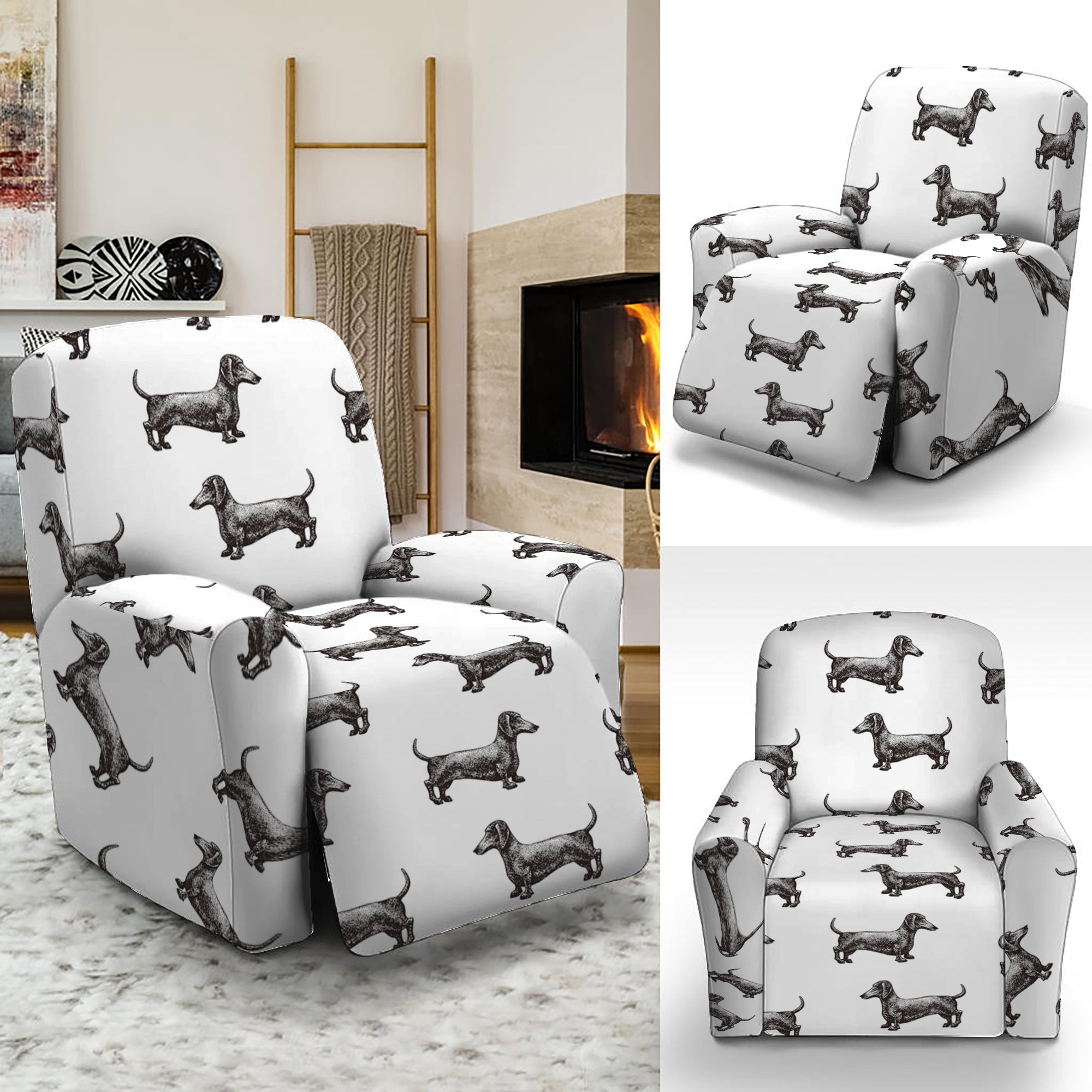 Black And White Dachshund Pattern Print Recliner Slipcover