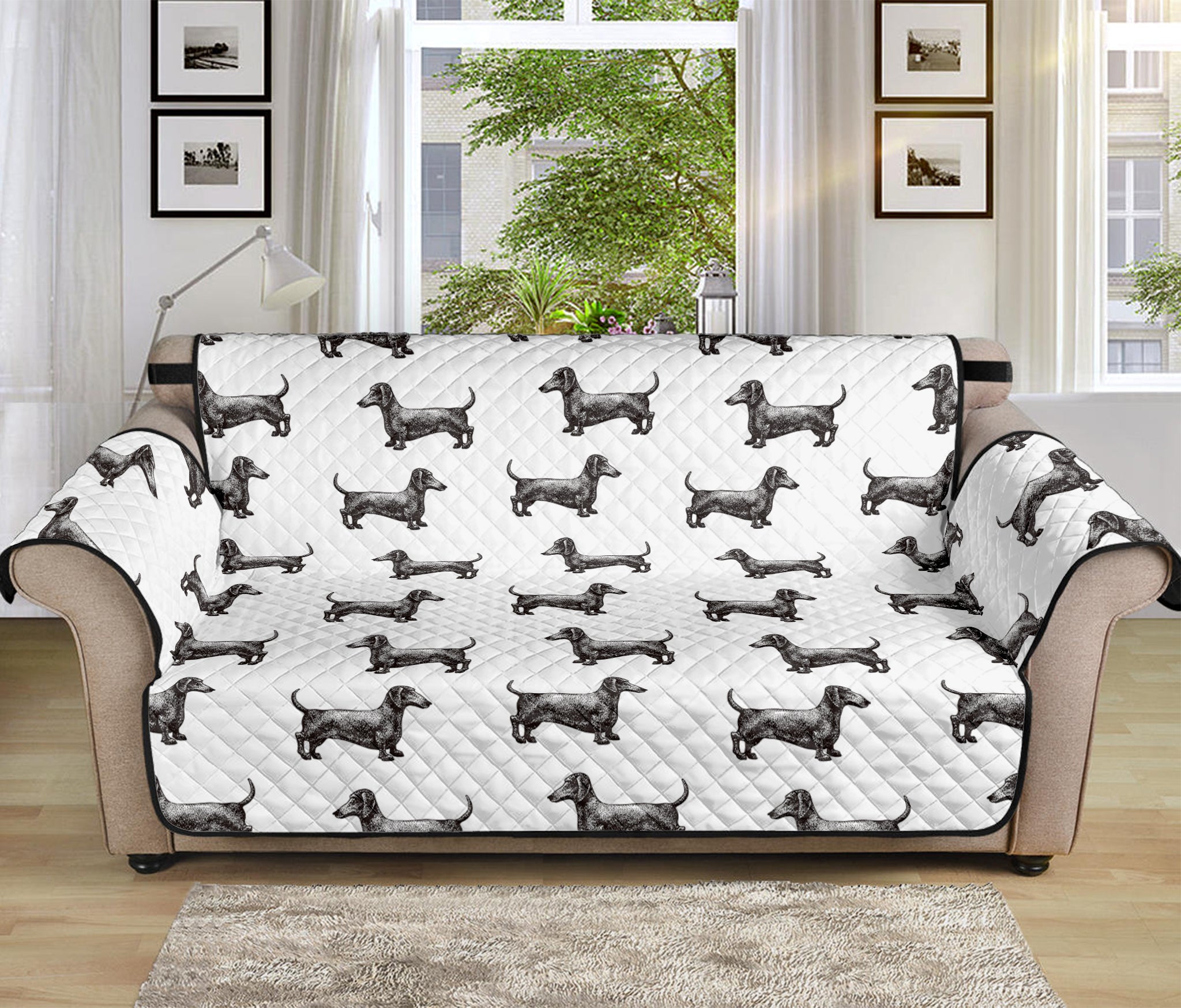 Black And White Dachshund Pattern Print Sofa Protector