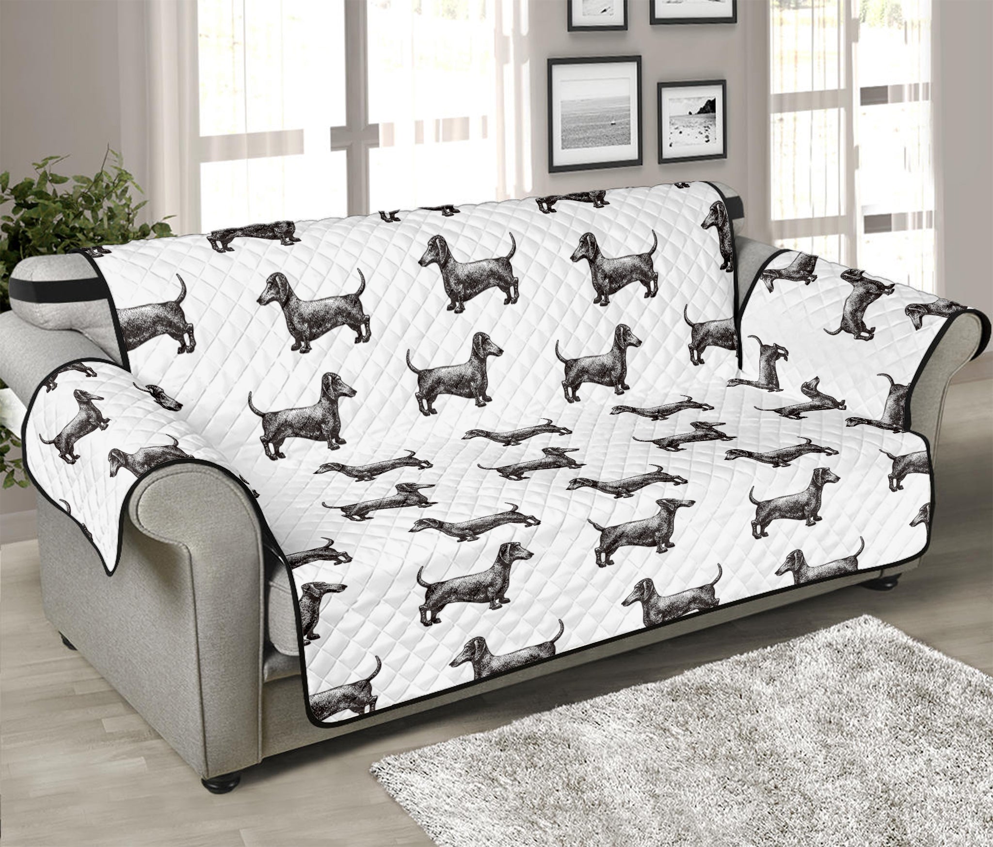 Black And White Dachshund Pattern Print Sofa Protector