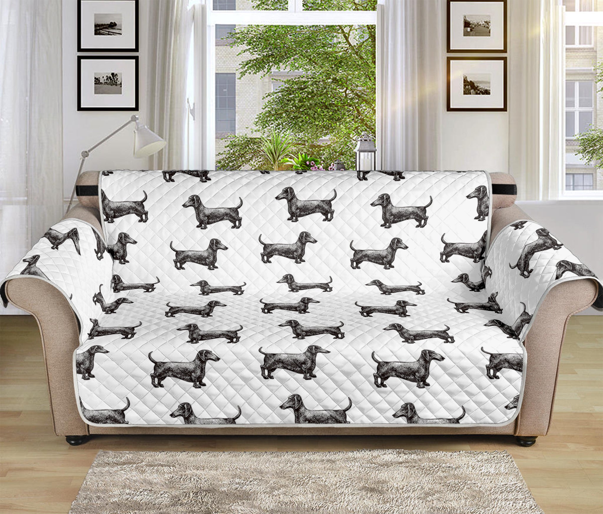 Black And White Dachshund Pattern Print Sofa Protector