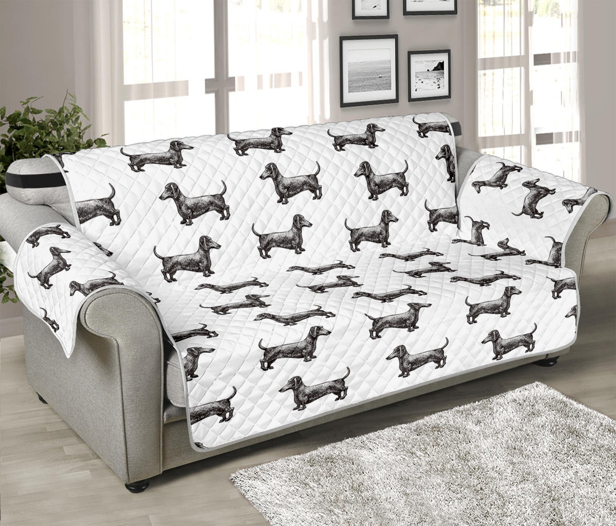 Black And White Dachshund Pattern Print Sofa Protector