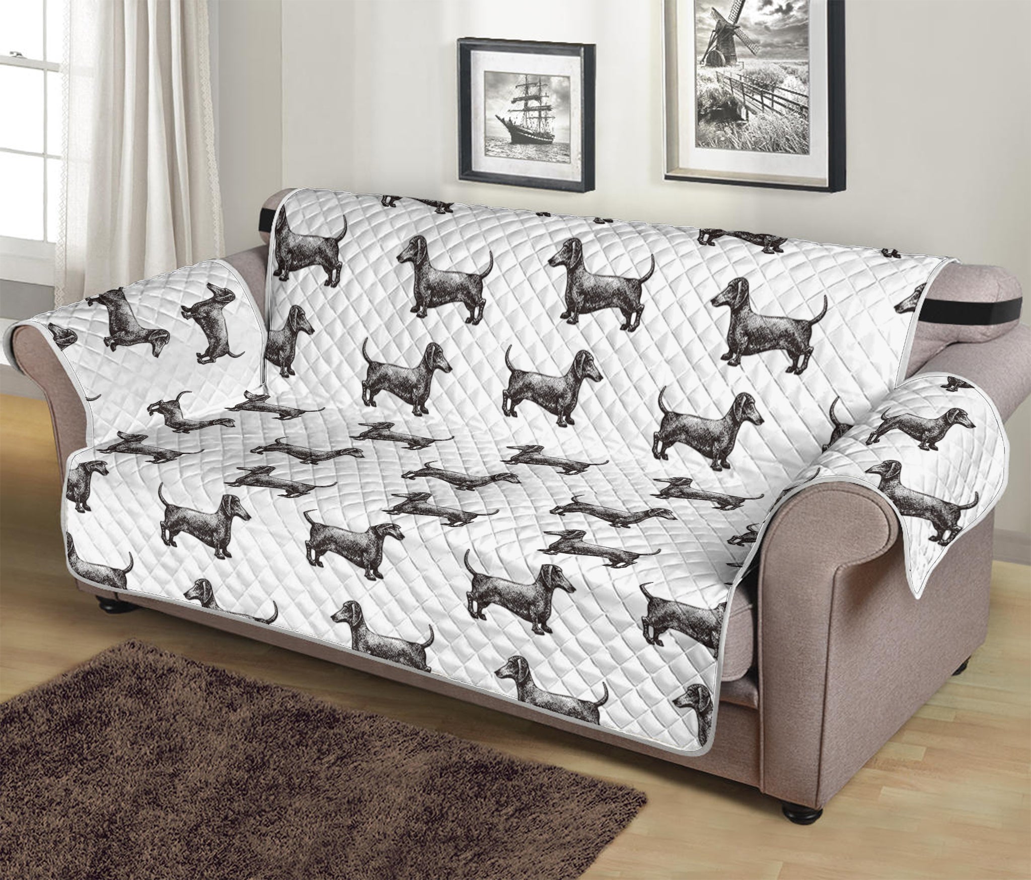 Black And White Dachshund Pattern Print Sofa Protector