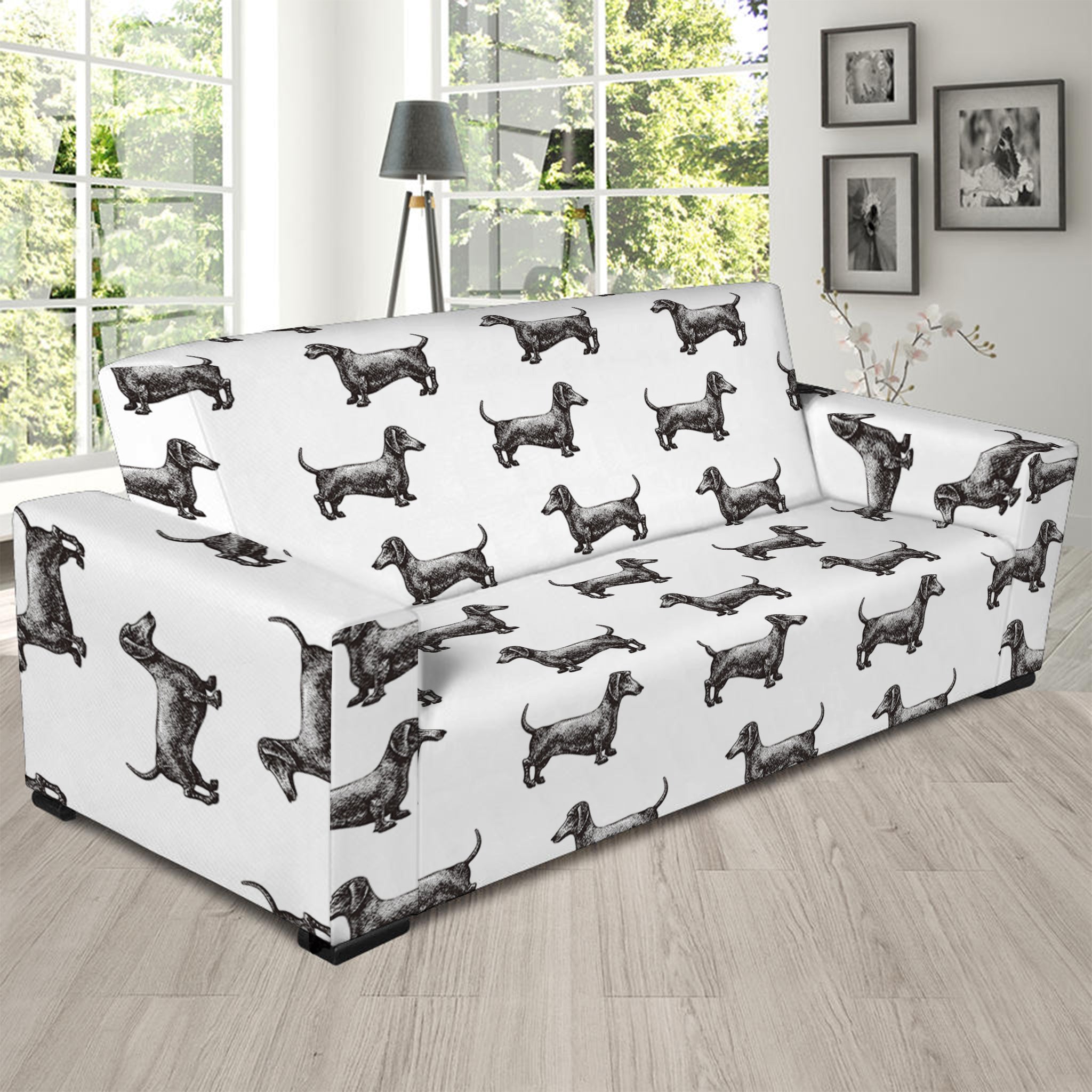 Black And White Dachshund Pattern Print Sofa Slipcover