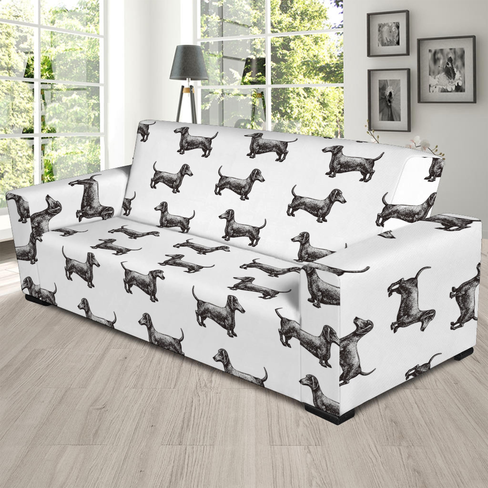 Black And White Dachshund Pattern Print Sofa Slipcover