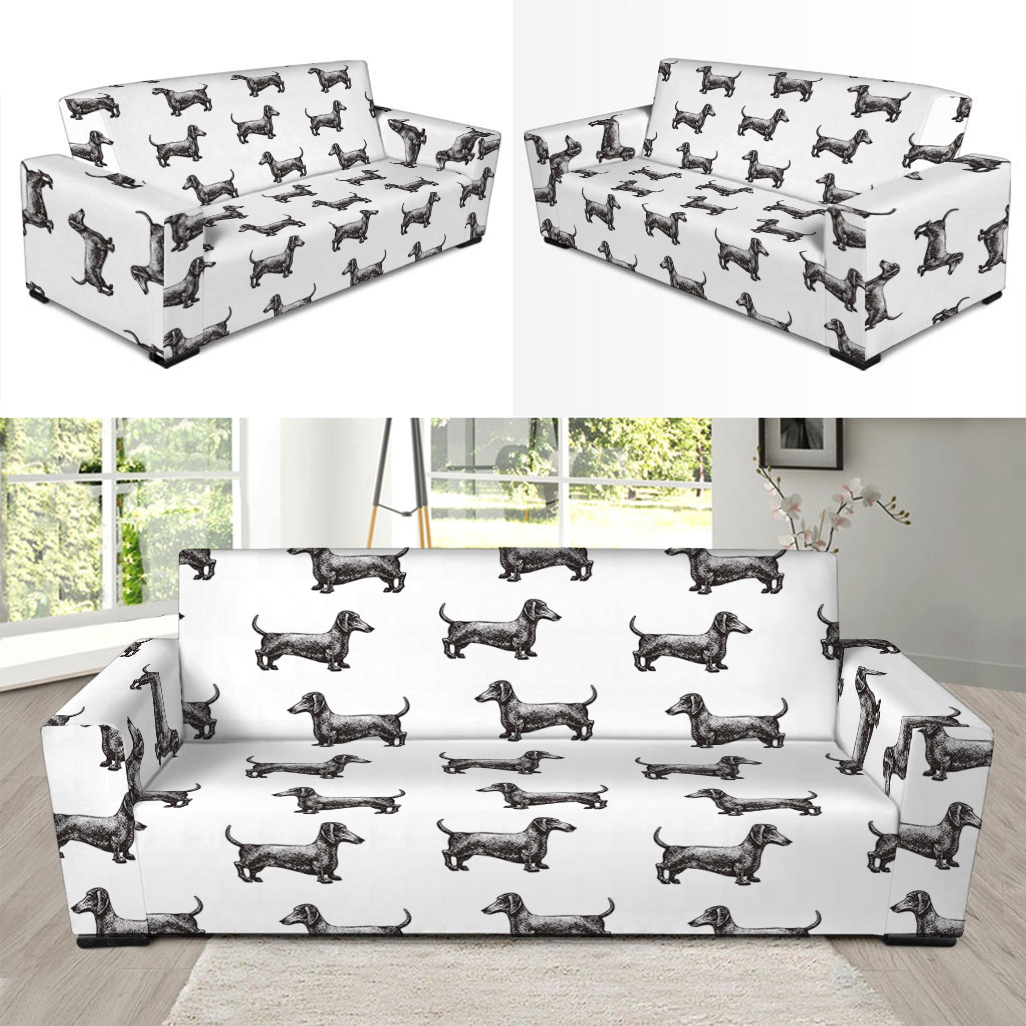 Black And White Dachshund Pattern Print Sofa Slipcover