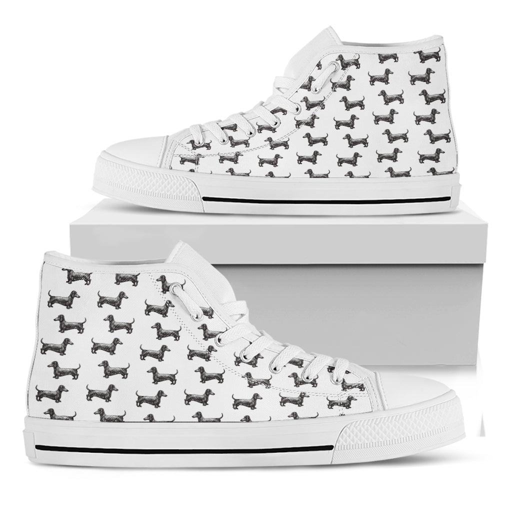 Black And White Dachshund Pattern Print White High Top Shoes