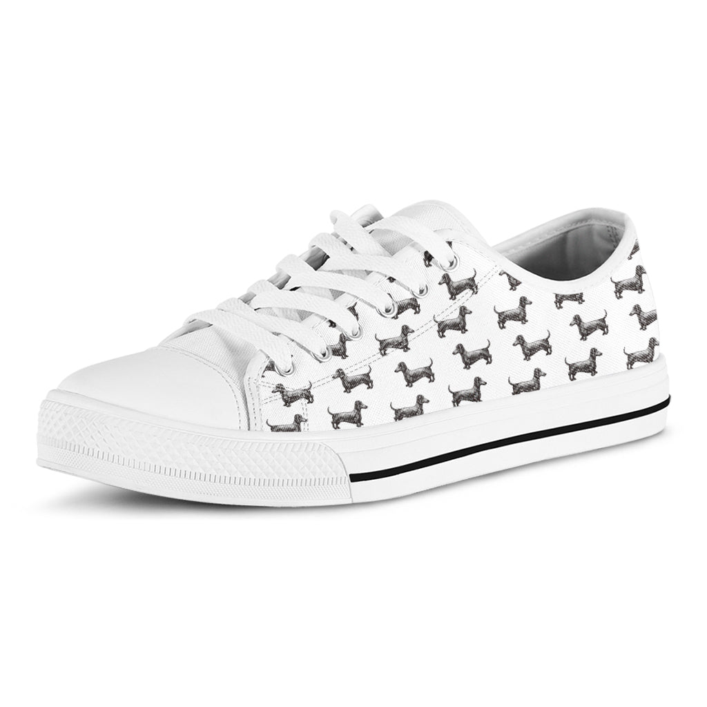 Black And White Dachshund Pattern Print White Low Top Shoes