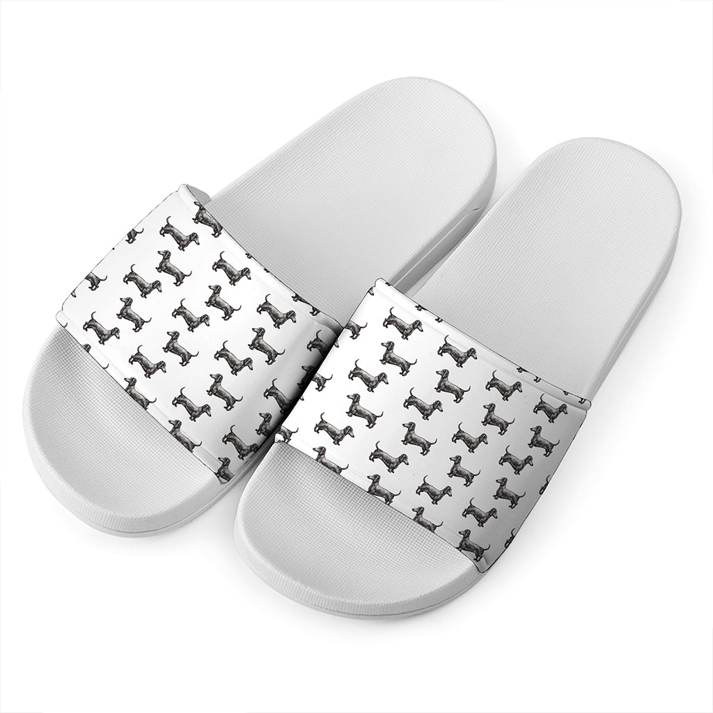 Black And White Dachshund Pattern Print White Slide Sandals