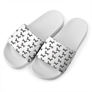 Black And White Dachshund Pattern Print White Slide Sandals