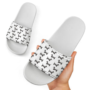 Black And White Dachshund Pattern Print White Slide Sandals