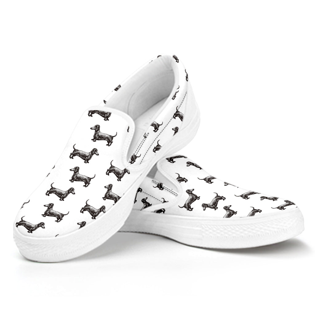 Black And White Dachshund Pattern Print White Slip On Shoes