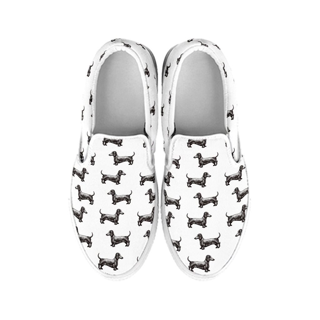 Black And White Dachshund Pattern Print White Slip On Shoes