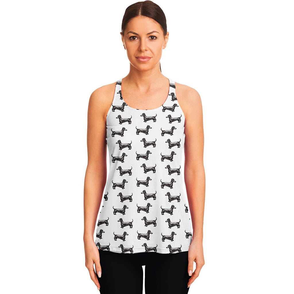 Black And White Dachshund Pattern Print Women's Racerback Tank Top