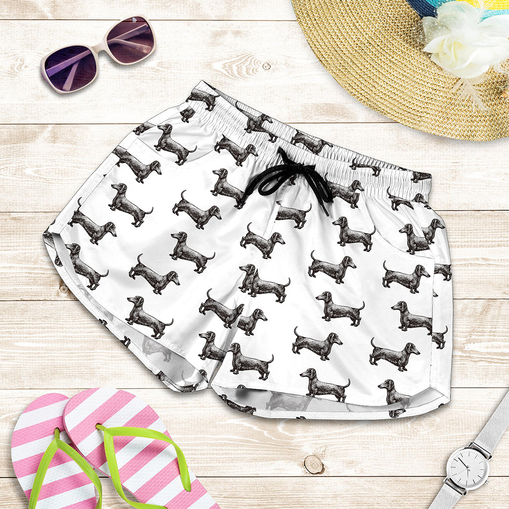 Black And White Dachshund Pattern Print Women's Shorts