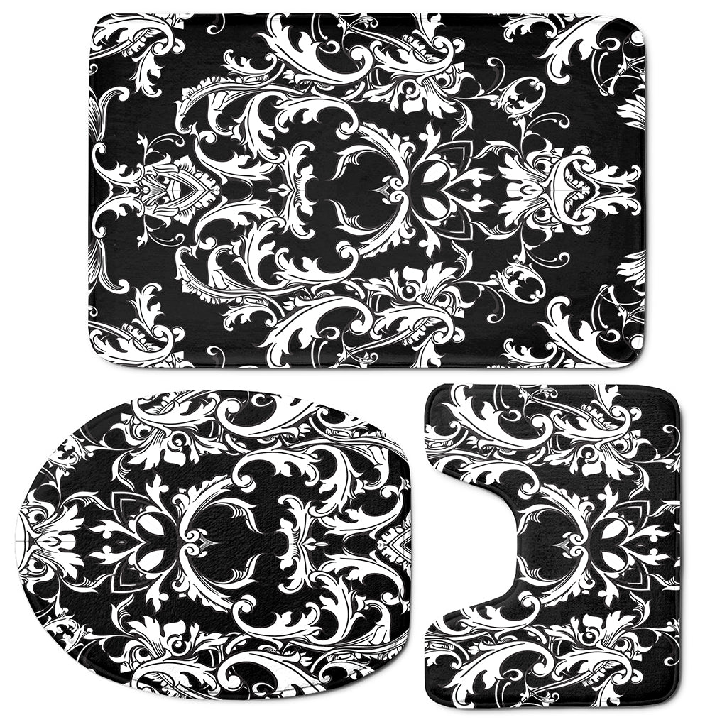 Black And White Damask Pattern Print 3 Piece Bath Mat Set