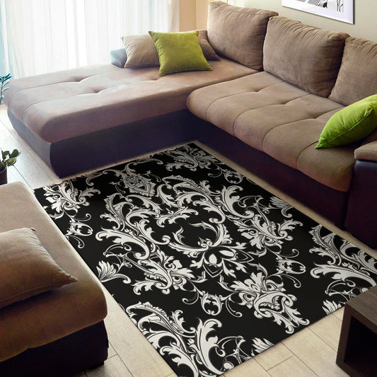 Black And White Damask Pattern Print Area Rug