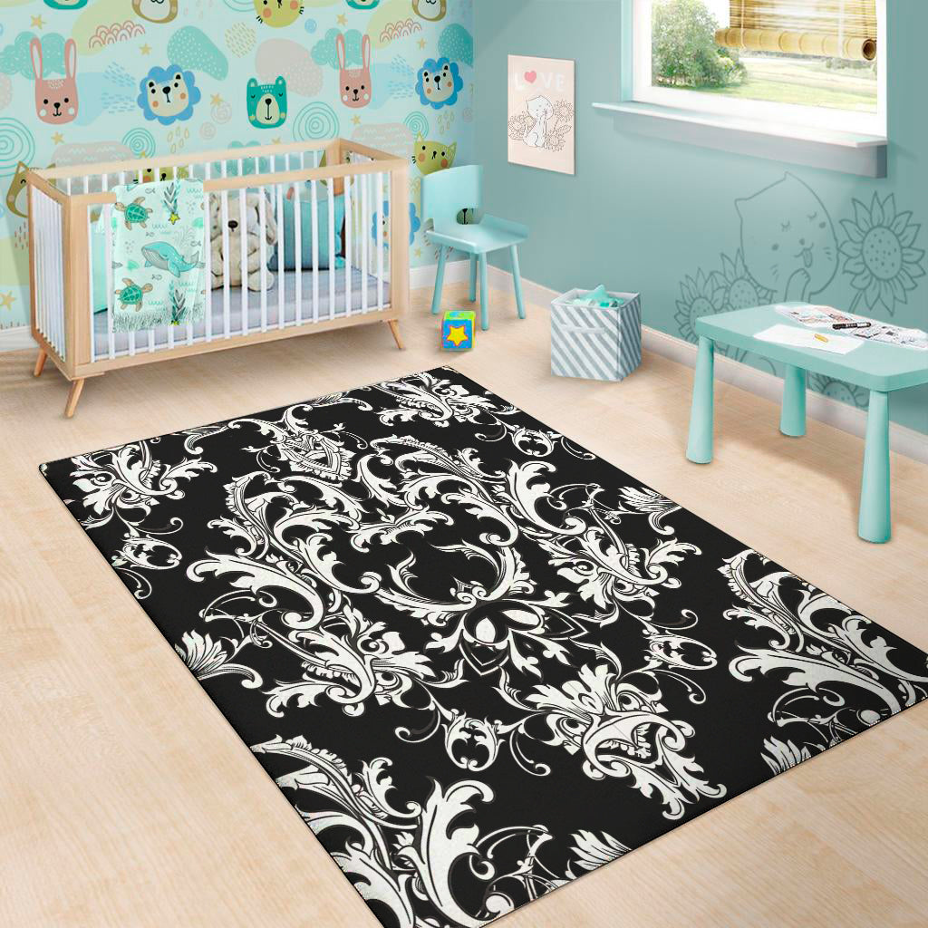 Black And White Damask Pattern Print Area Rug