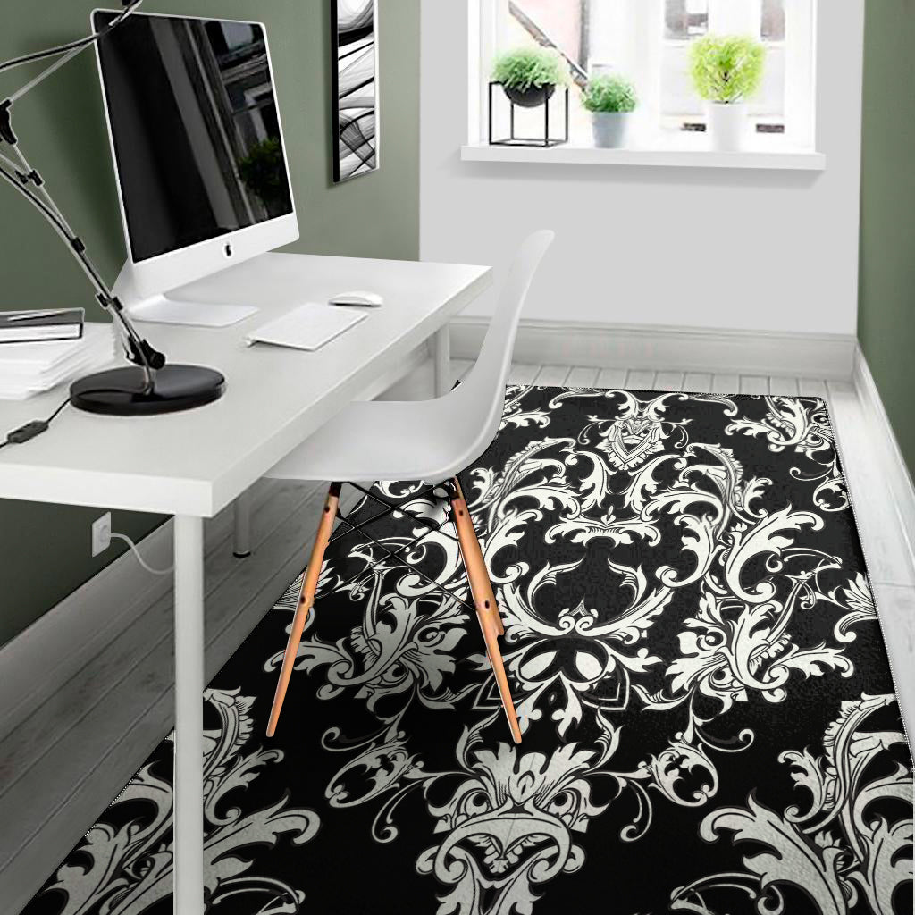 Black And White Damask Pattern Print Area Rug