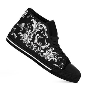 Black And White Damask Pattern Print Black High Top Shoes