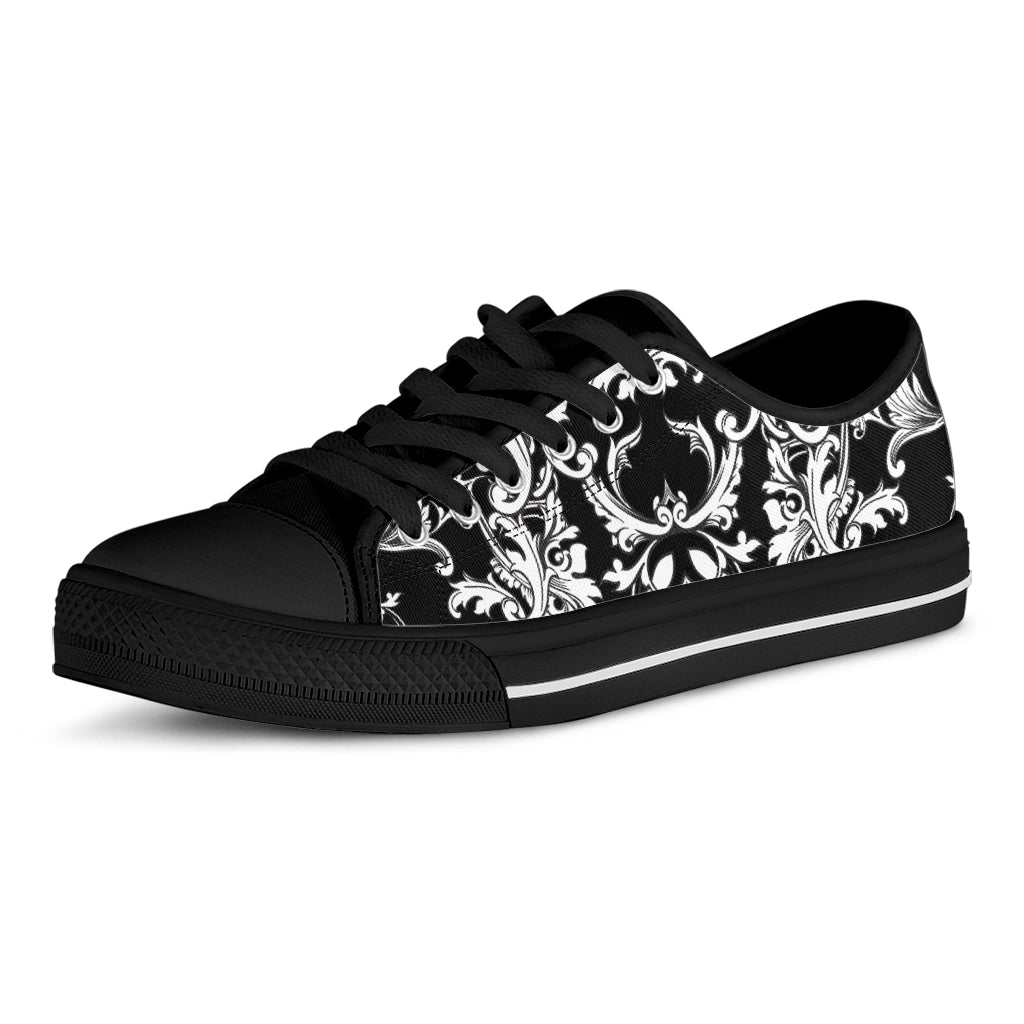 Black And White Damask Pattern Print Black Low Top Shoes