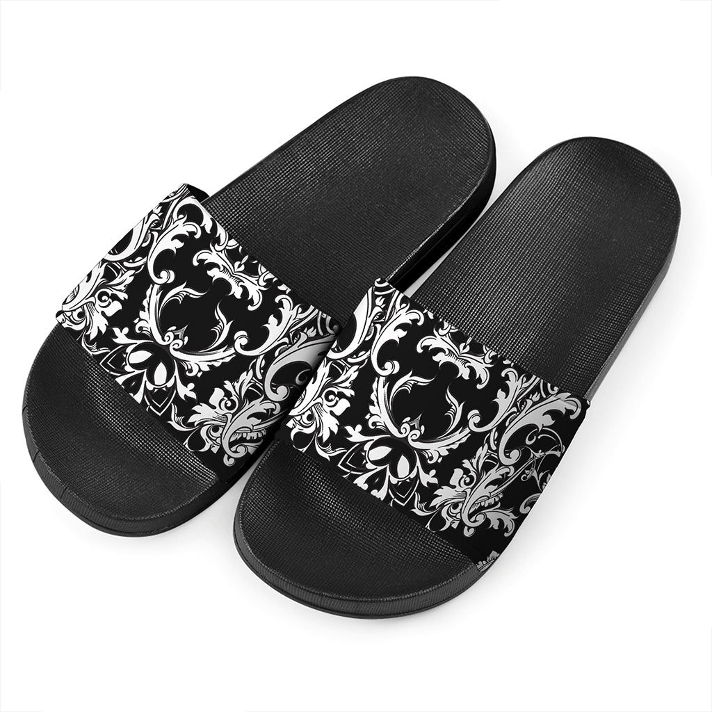 Black And White Damask Pattern Print Black Slide Sandals