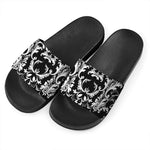 Black And White Damask Pattern Print Black Slide Sandals