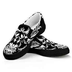 Black And White Damask Pattern Print Black Slip On Shoes