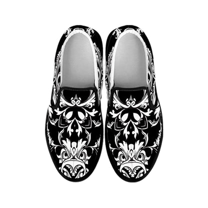 Black And White Damask Pattern Print Black Slip On Shoes