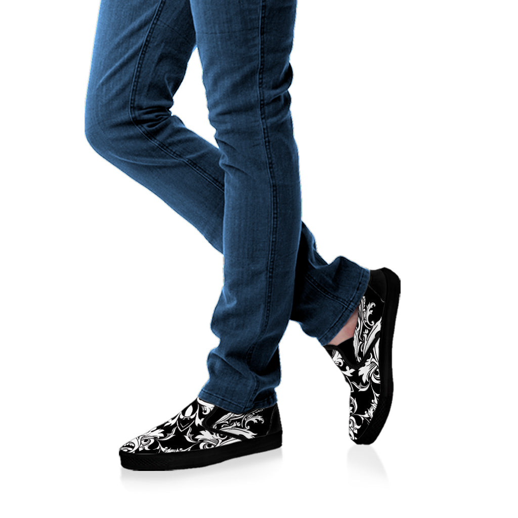 Black And White Damask Pattern Print Black Slip On Shoes