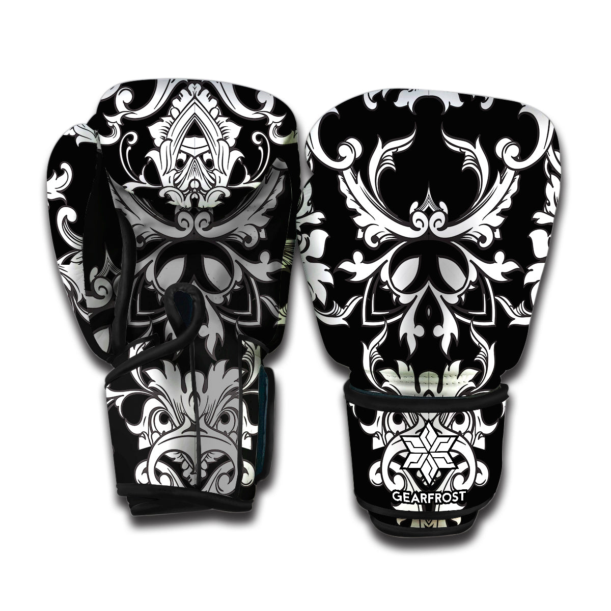 Black And White Damask Pattern Print Boxing Gloves