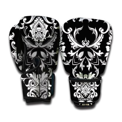 Black And White Damask Pattern Print Boxing Gloves