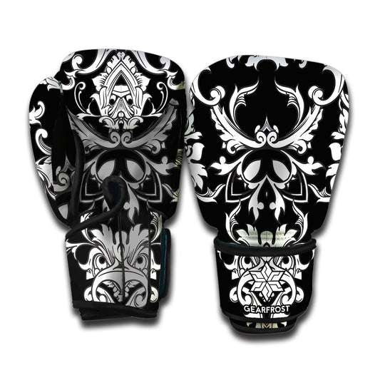 Black And White Damask Pattern Print Boxing Gloves