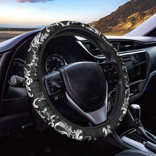 Black And White Damask Pattern Print Car Steering Wheel Cover