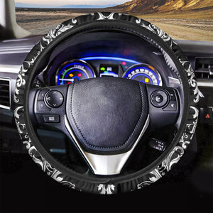 Black And White Damask Pattern Print Car Steering Wheel Cover