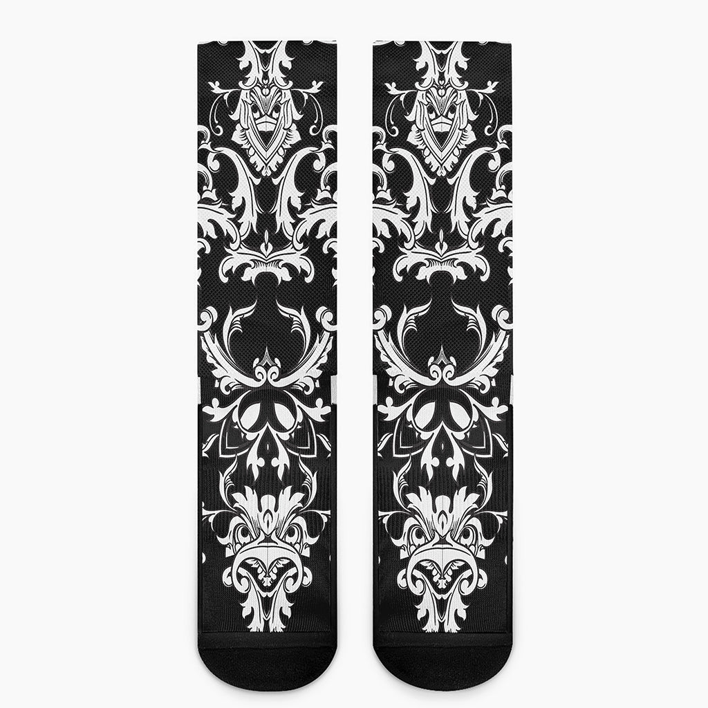 Black And White Damask Pattern Print Crew Socks