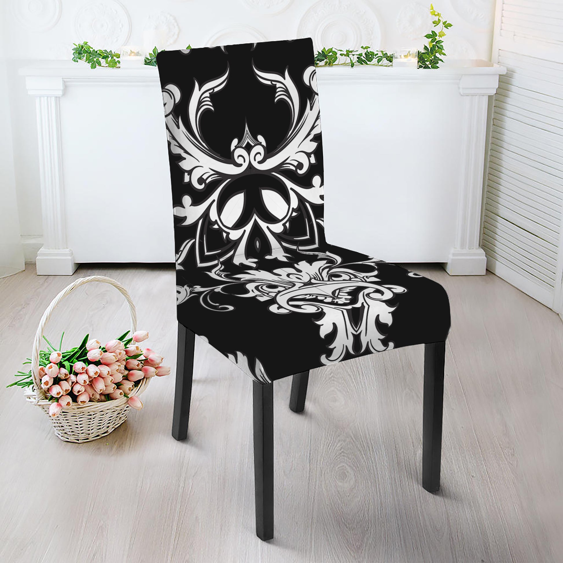 Black And White Damask Pattern Print Dining Chair Slipcover