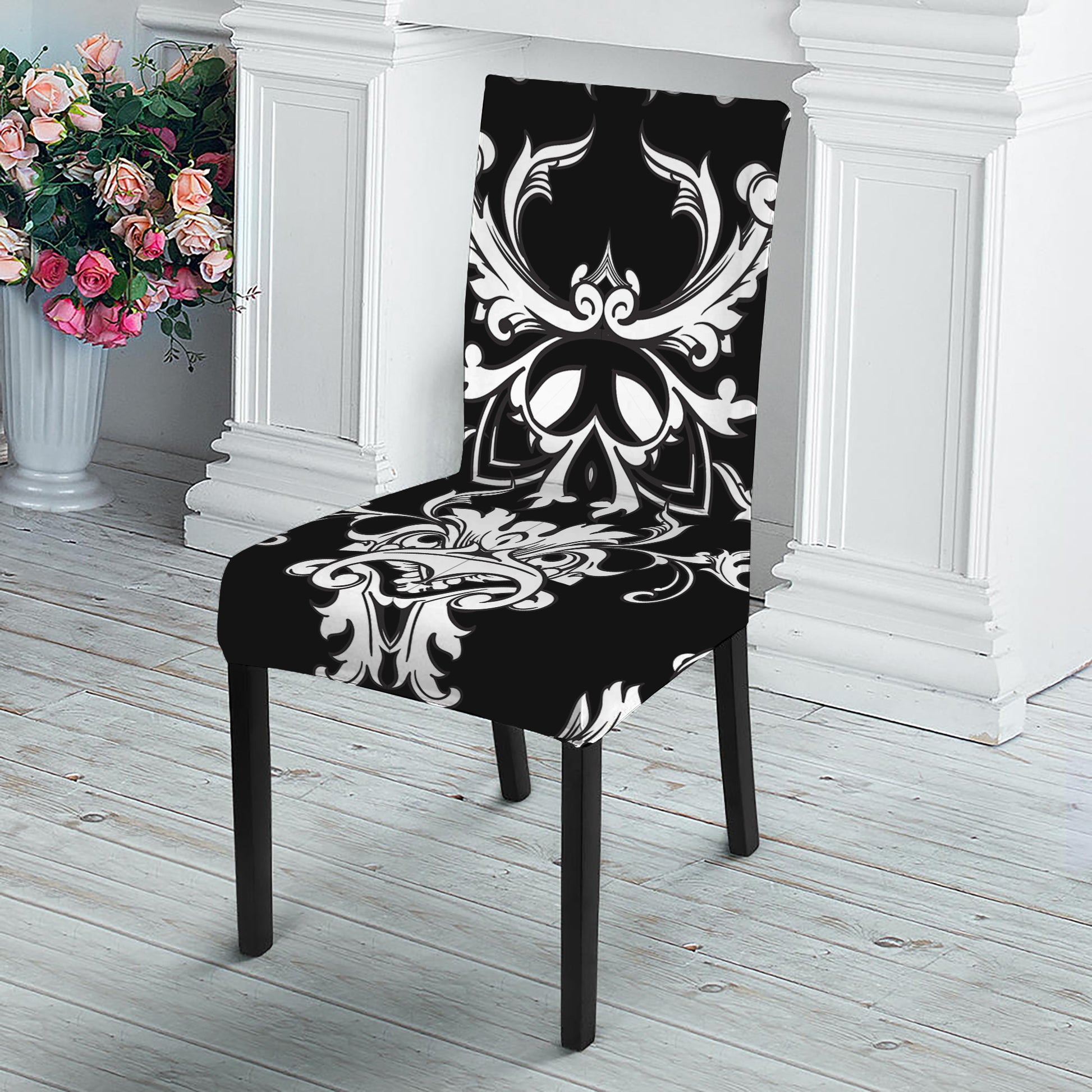 Black And White Damask Pattern Print Dining Chair Slipcover