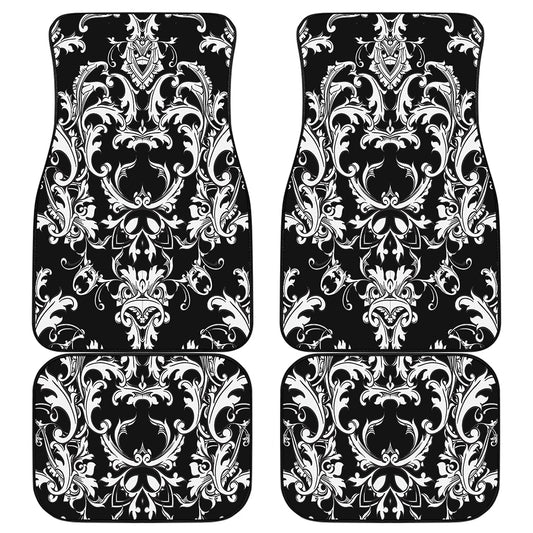 Black And White Damask Pattern Print Front and Back Car Floor Mats